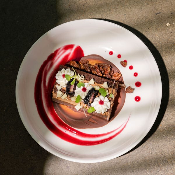 Chocolate dessert with whipped cream, berries, white chocolate shavings, and candied pecans on a white plate.